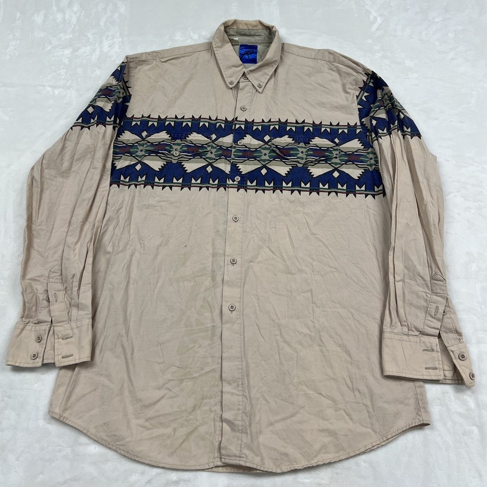 Roper Button Down Shirt Mens XL Tan Aztec Southwestern Geometric Print LS